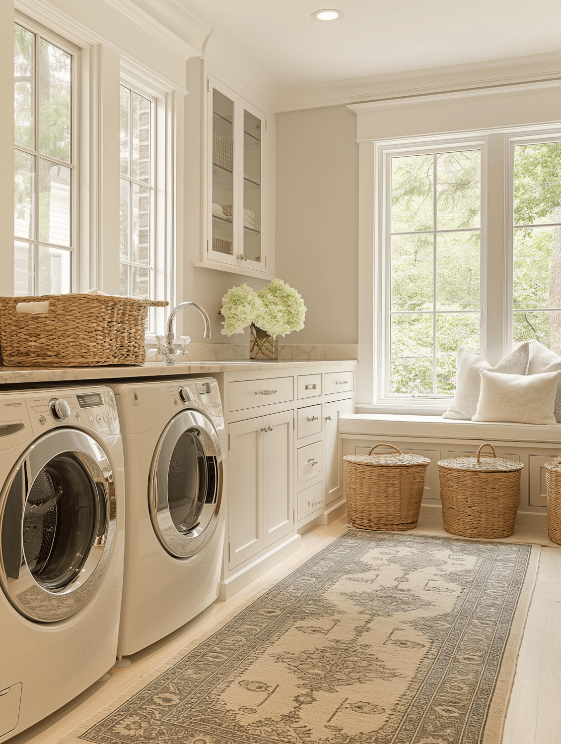 A bright laundry room with white machines, pale cabinetry and woven storage baskets