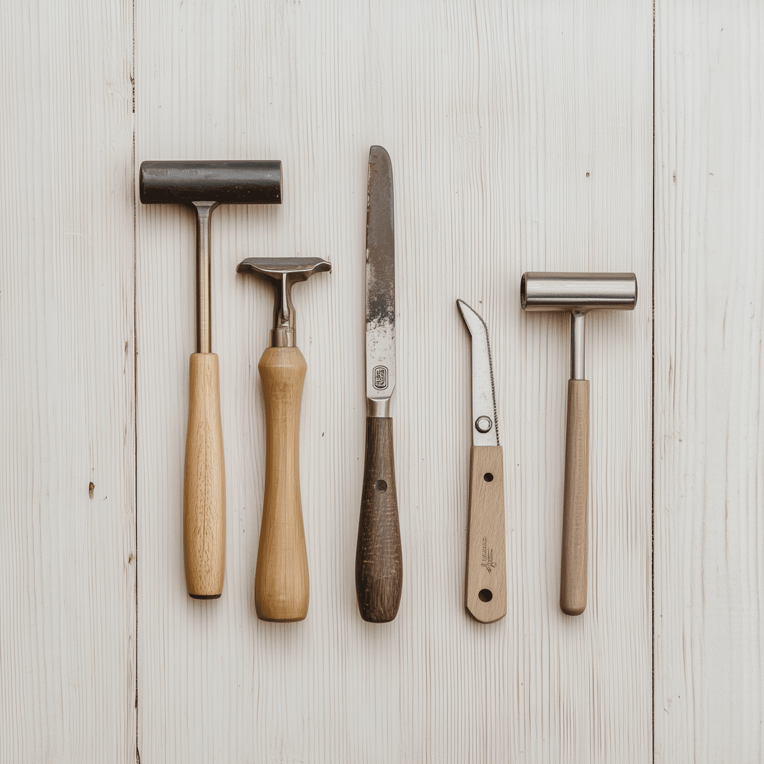 Five wooden-handled kitchen tools laid out in a row on a pale wooden surface