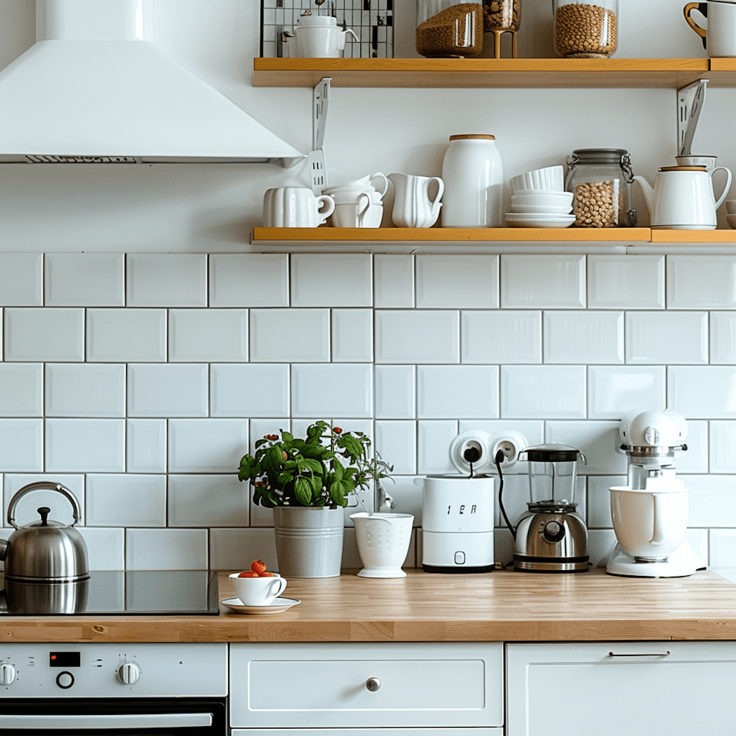 A bright kitchen with white subway tiles, open wooden shelves and neatly arranged small appliances