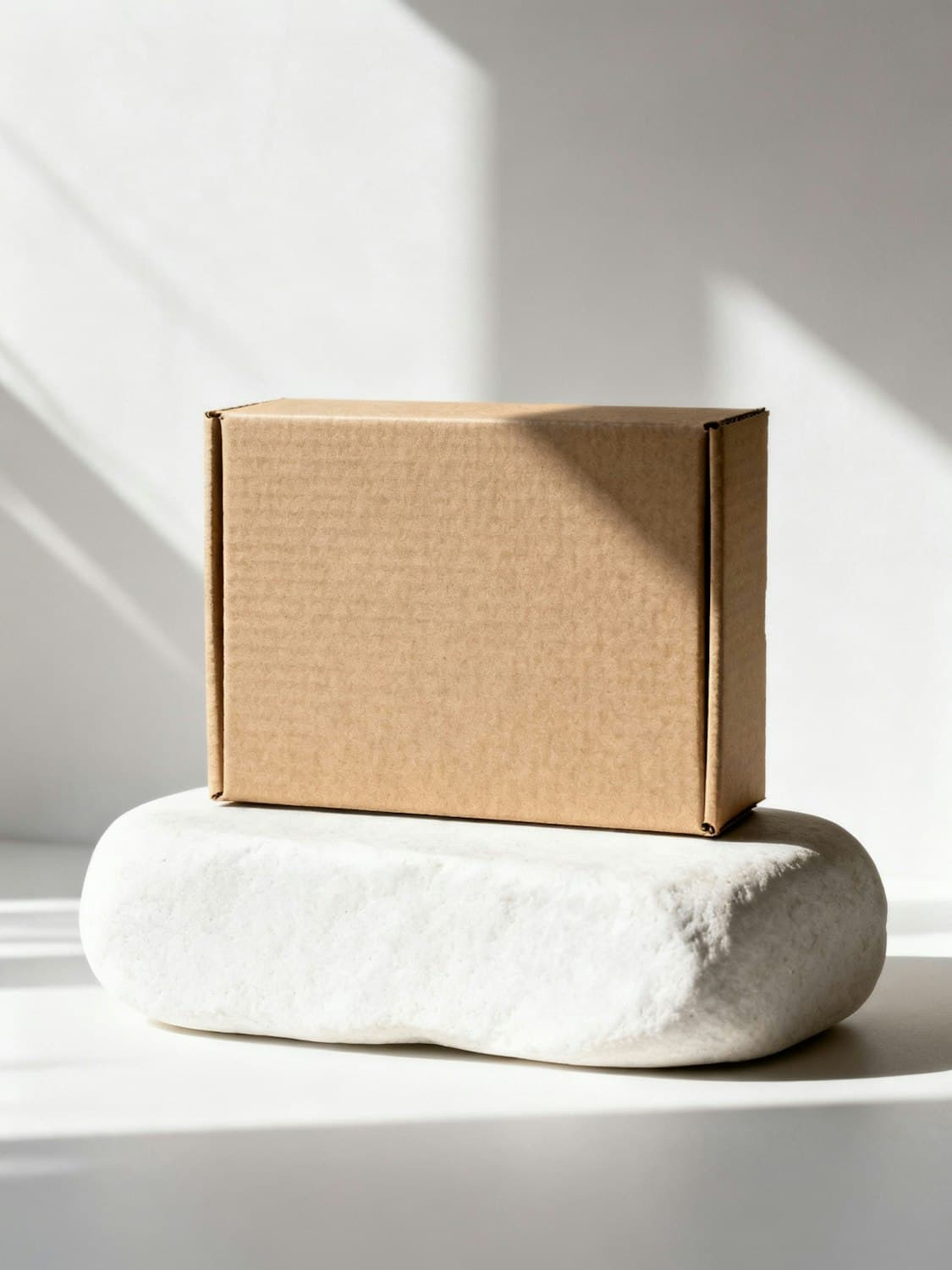 A plain cardboard moving box lit by soft daylight in an empty room