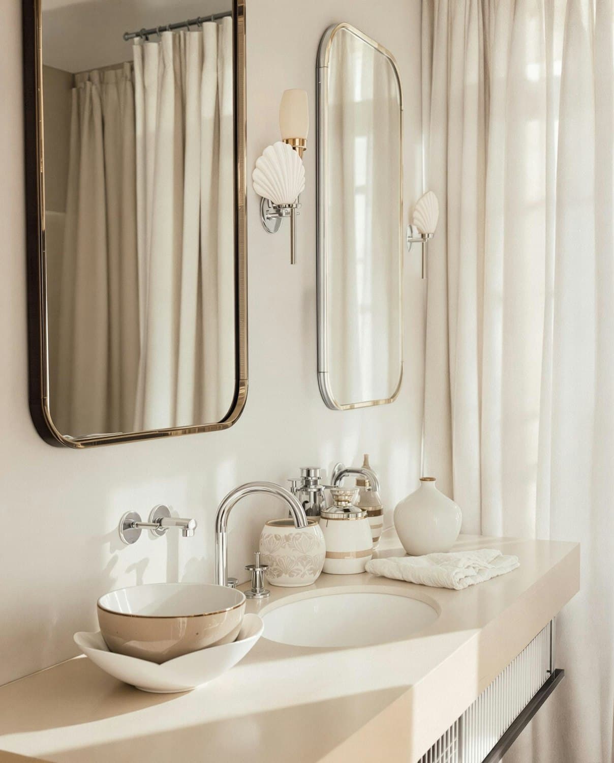 A bathroom vanity in warm beige tones with dual mirrors and neatly arranged ceramics