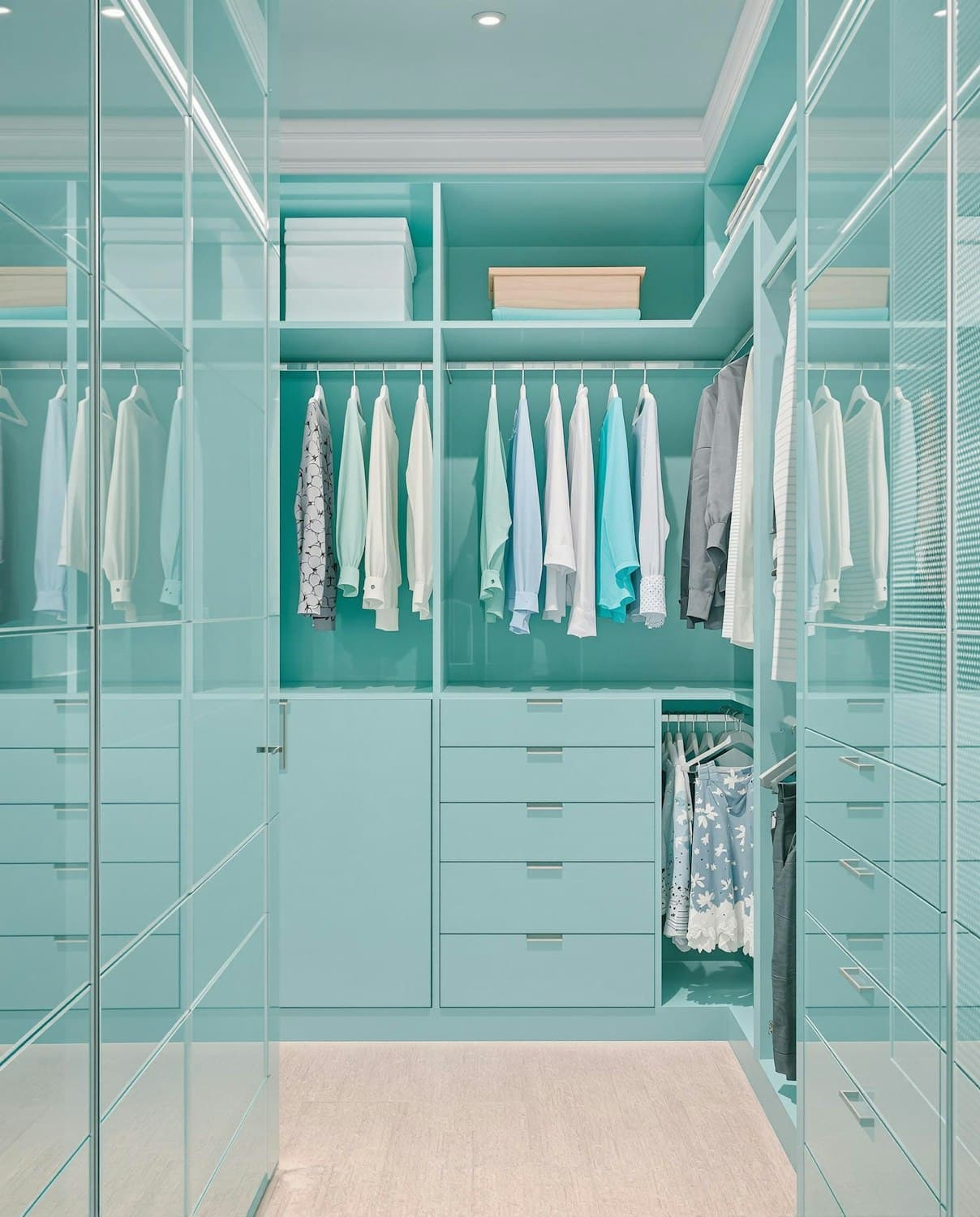 A walk-in closet with clothes hung evenly on open shelving behind glass doors
