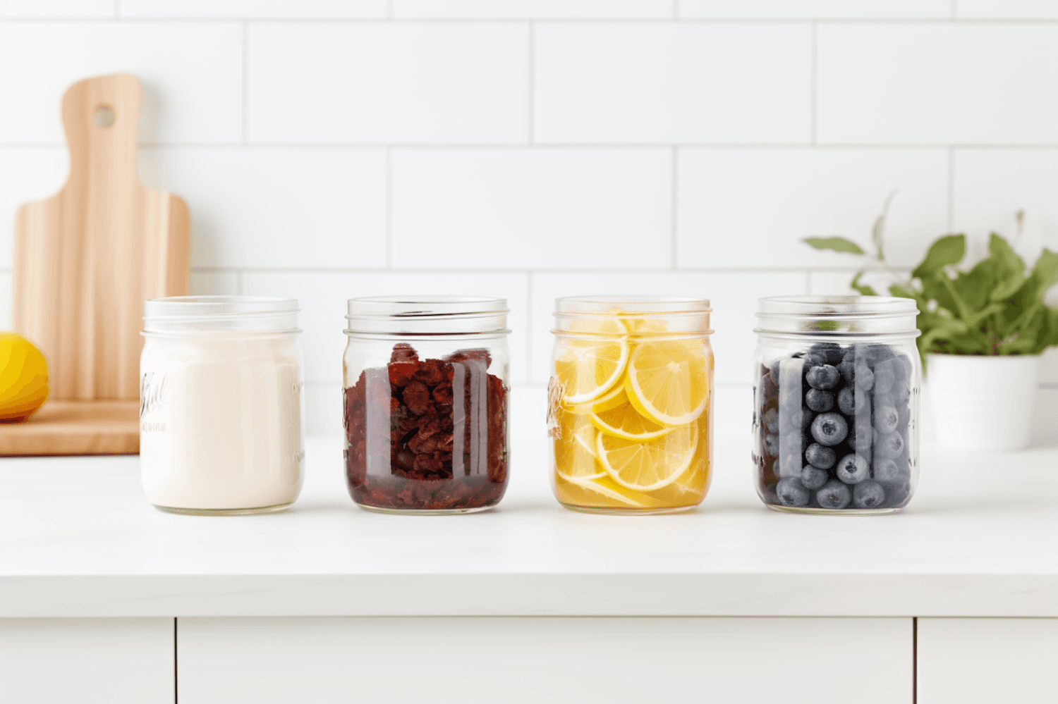 Clear glass storage jars filled with dry goods and fresh ingredients on a white counter
