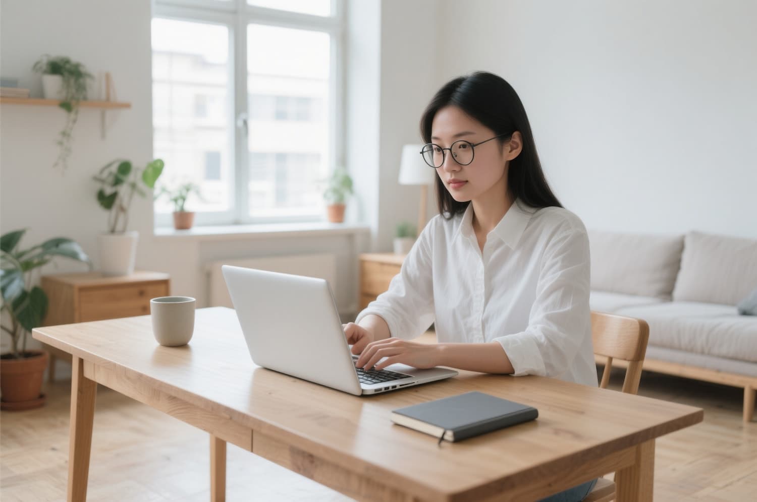 A woman reviewing a mood board on a laptop in a bright room with plants behind her